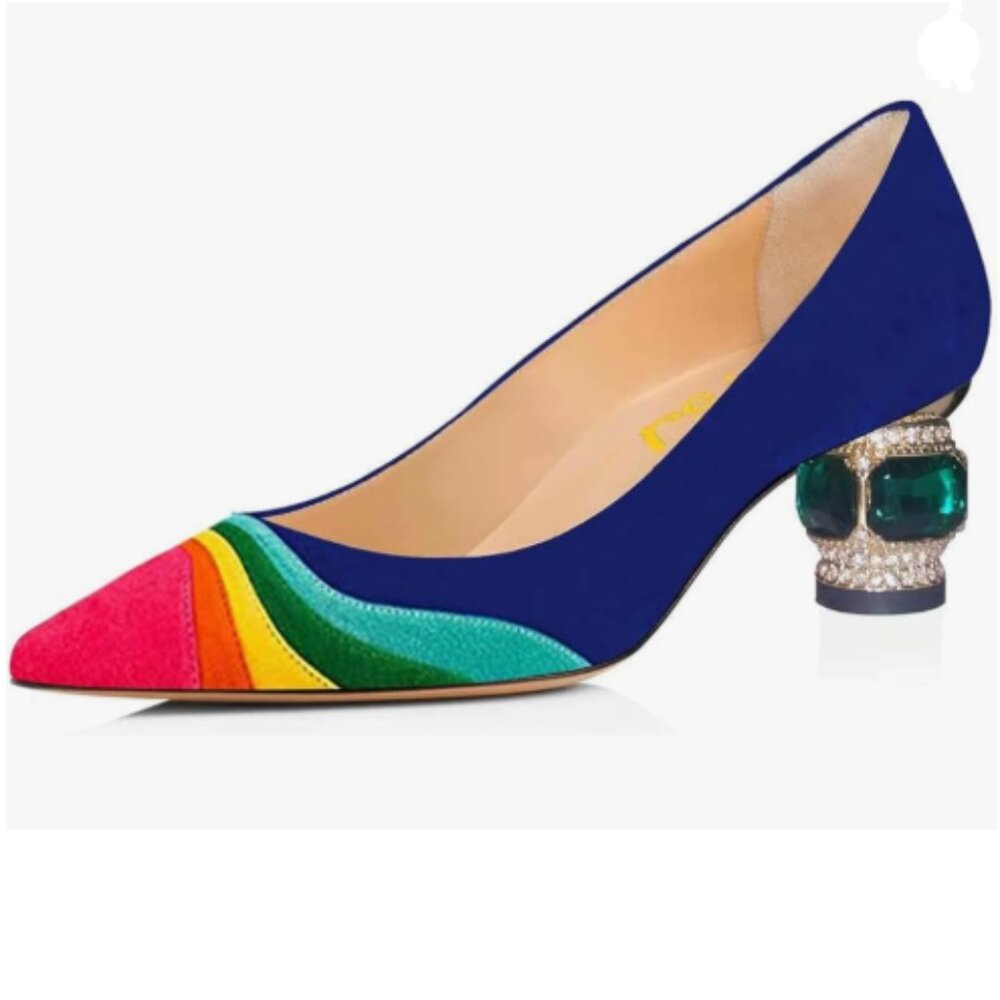 FSJ Blue Suede Bridal Pointed Toe Chunky Block Low Heel Crystal Slip on Pumps